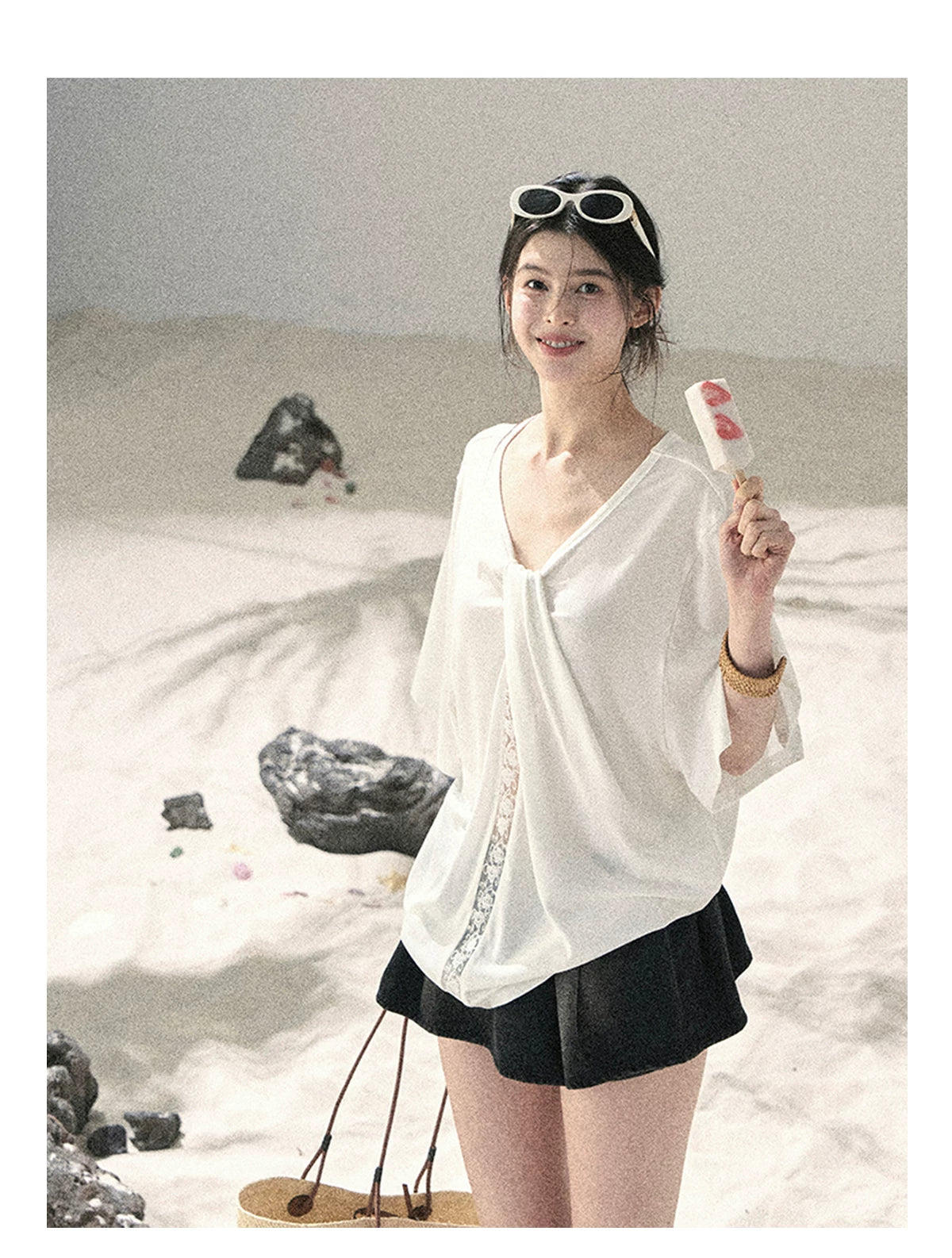 "Undisturbed Mist" Cloud White Lace Cutout V-Neck T-Shirt 45638453