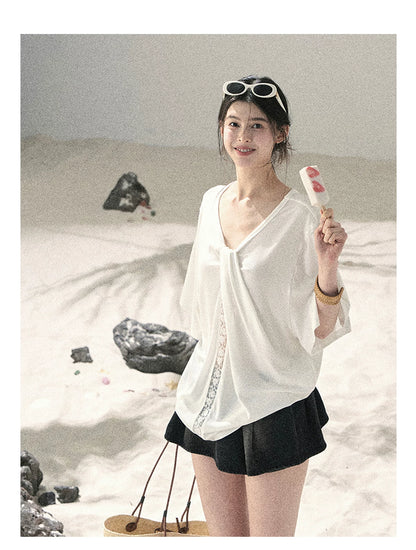 "Undisturbed Mist" Cloud White Lace Cutout V-Neck T-Shirt 45638453