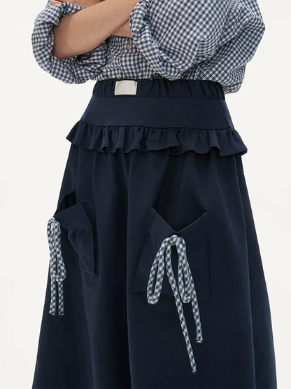MAMC - Blue Plaid Layered Bow Midi Skirt
