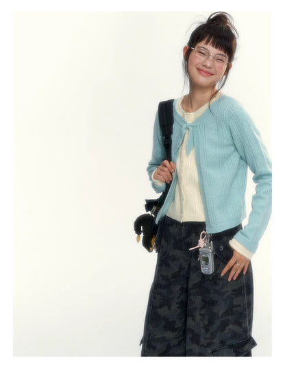 Korean Contrast Bow-Tie Layered Knit Cardigan (Blue / Purple)