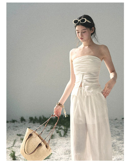“Breath Across the Shoulders” Natural Beige Layered Bustier Top & Wide-Leg Trousers