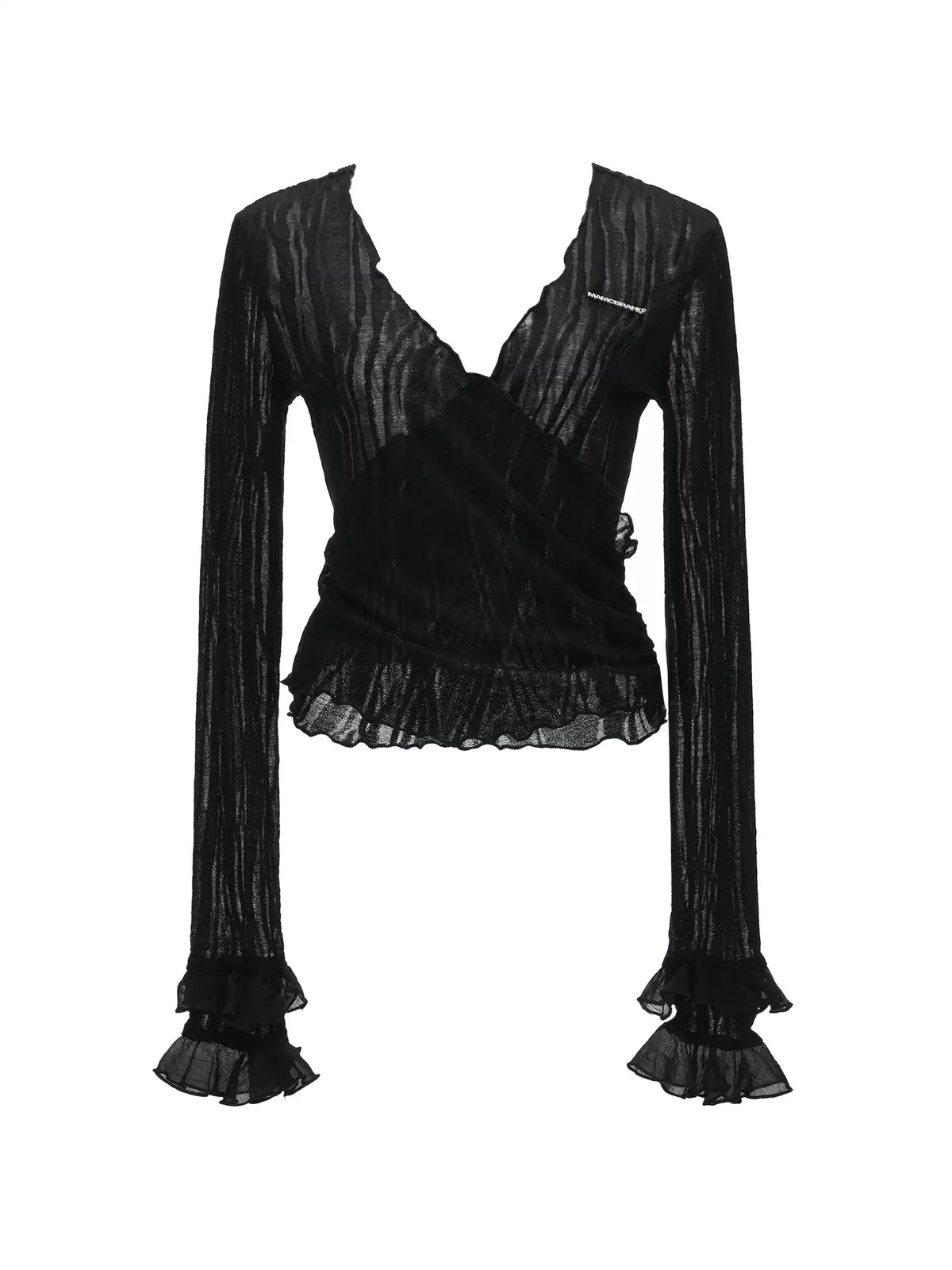 MAMC - Black Wool-Blend Lace Wrap Cardigan with Ruffle Sleeves