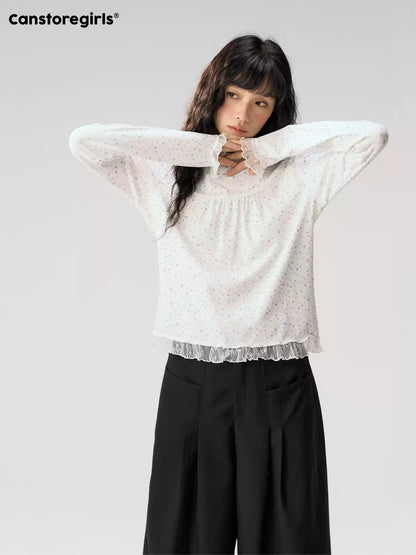 [CAN] "Double Dot Floral Raft" White Floral Lace-Trim Long Sleeve Top