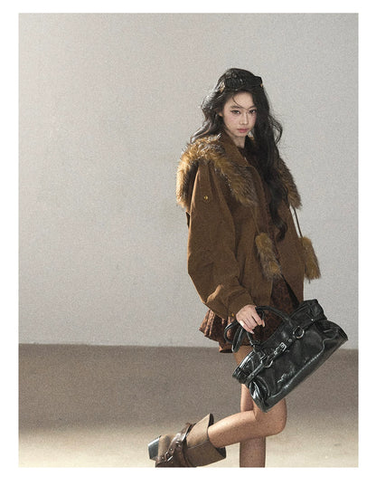 AOMALM - “Velvet Collar in the Evening Breeze” Chestnut Brown Faux Fur Shawl