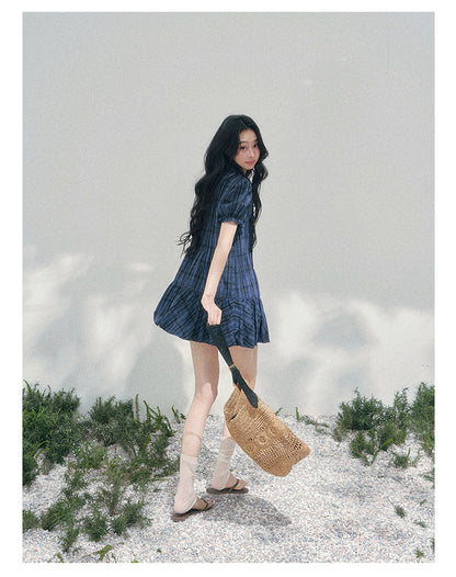 “Soft Pleats in Motion” Academy Blue Bubble Mini Dress