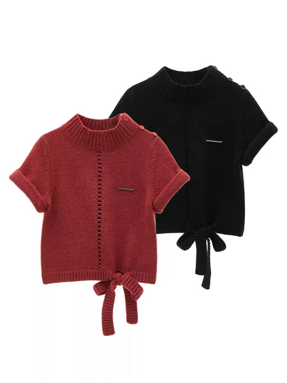 MAMC - Soft Wool-Blend Tie-Waist Cutout Knit Sweater (Red / Black)