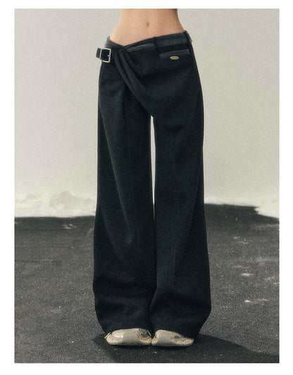 少也眼 “She Passes Through Winter” Fleece-Lined Wide-Leg Trousers with Belt Detail - Deep Rock Gray