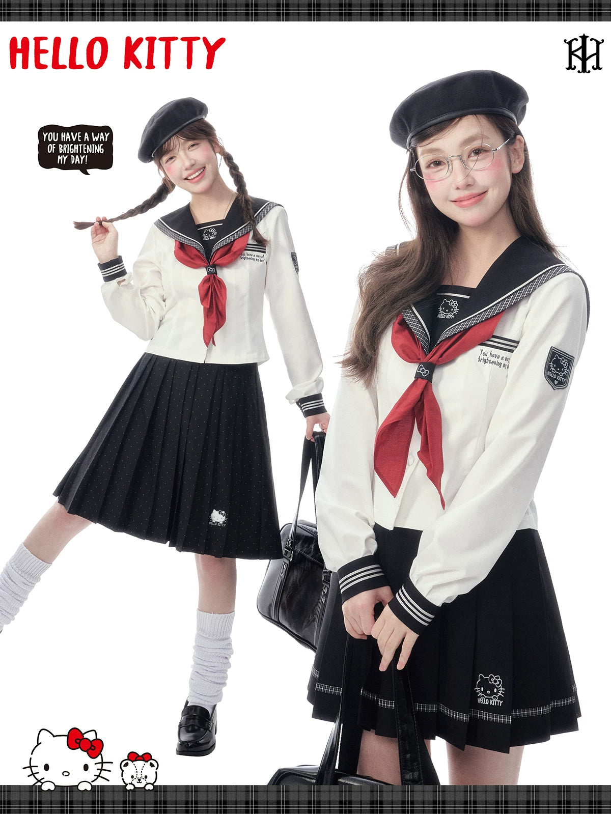Slim-Fit Preppy Style Set - Sailor Collar Shirt / Front Box-Pleat Skirt / Polka Dot Skirt