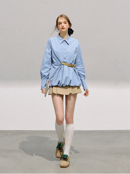 BOHOL BLING - Preppy Sweetheart Contrast Buckle Puff Sleeve Blouse
