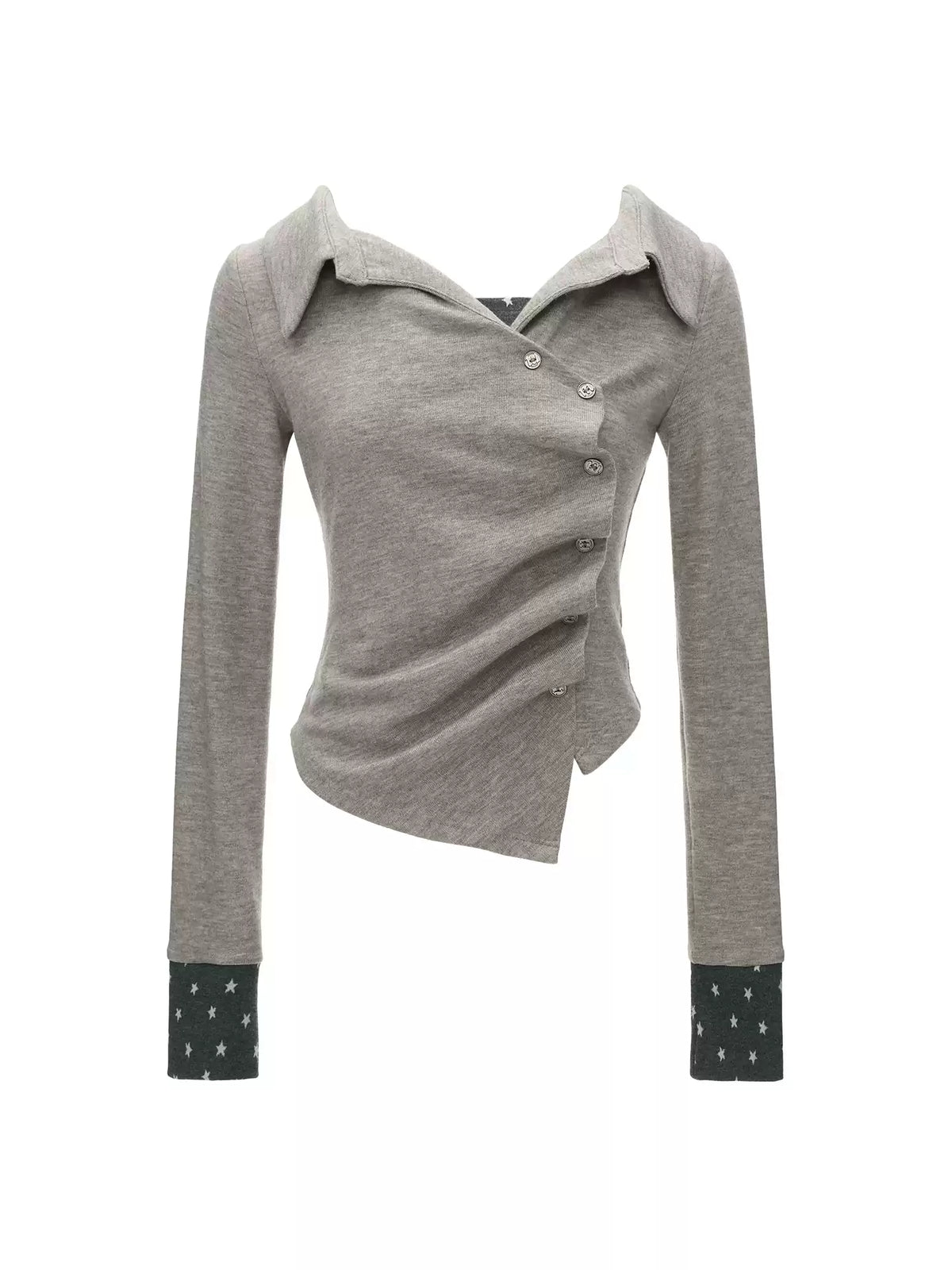 MAMC - Gray Star-Print Layered Polo Collar Long Sleeve Top