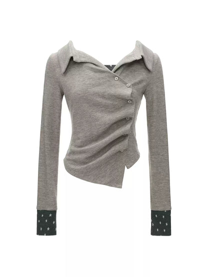 MAMC - Gray Star-Print Layered Polo Collar Long Sleeve Top