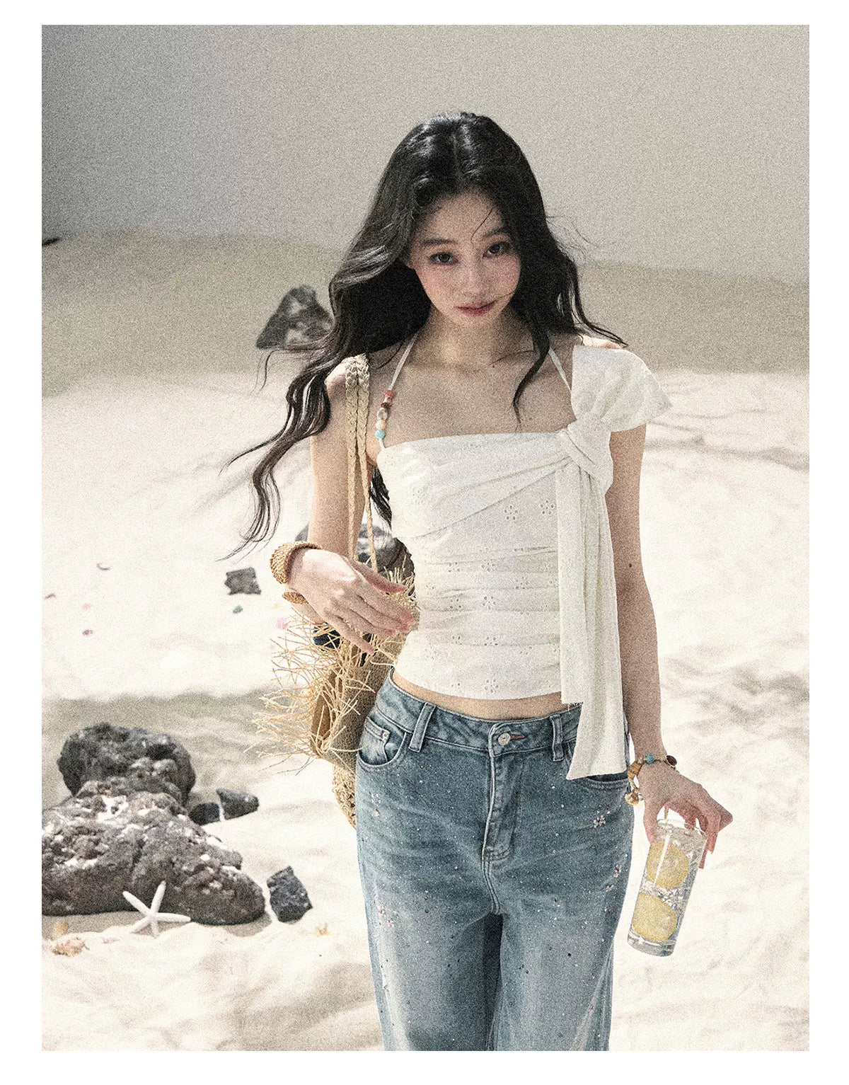 "Fragments of Tenderness" Frost White Halter Twist Crop Top