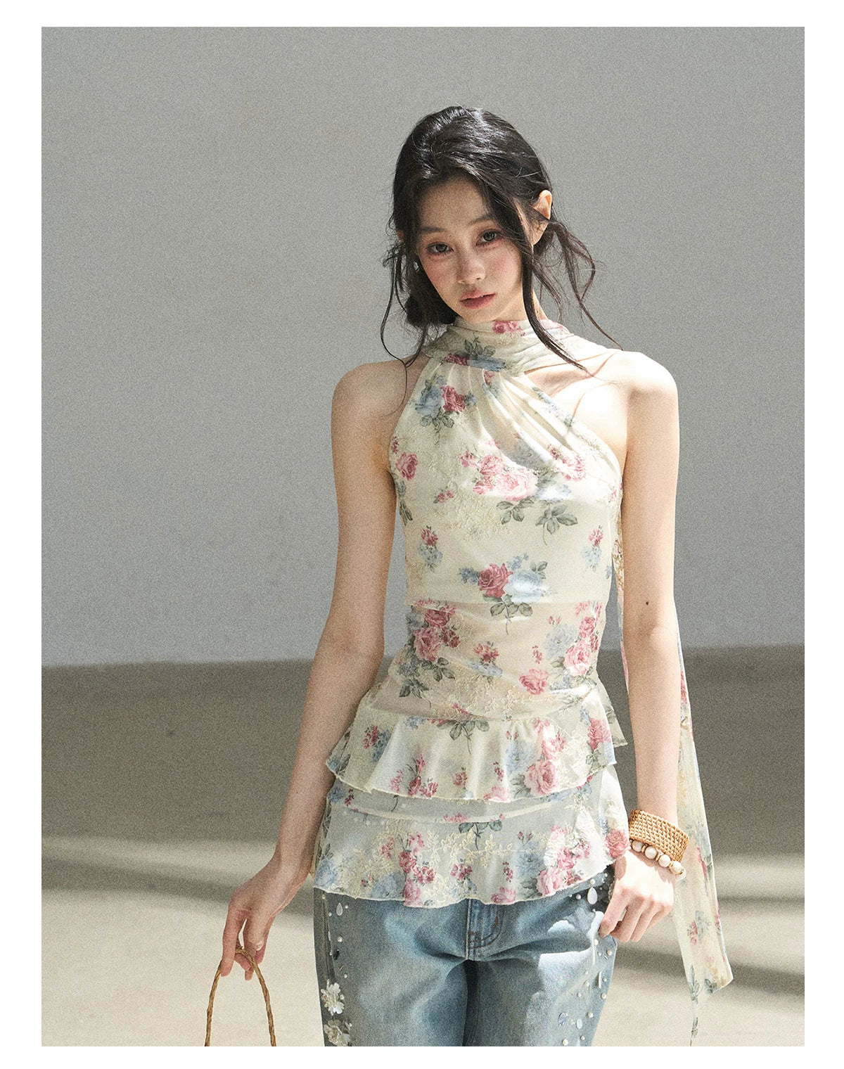 "Flowers & Sunlight" Dutch Cream Off-Shoulder Mesh Top