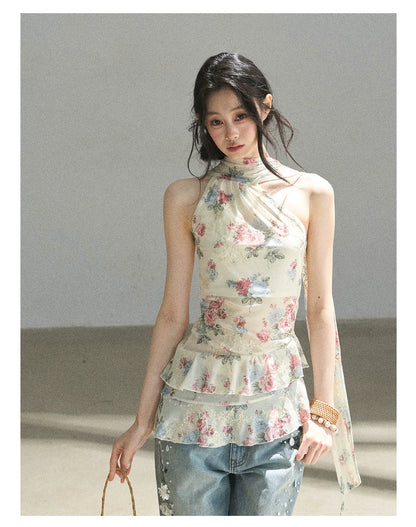 "Flowers & Sunlight" Dutch Cream Off-Shoulder Mesh Top