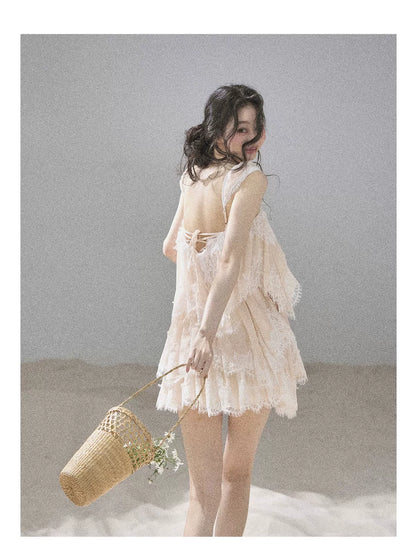 "Sea Breeze Freedom" Cheese Yellow Lace Mesh Top & Skirt Set 45648