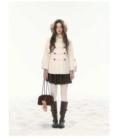 CANSTORE - "Pine Reverie" Ivory Wool-Blend Cape Coat with Faux Fur Collar