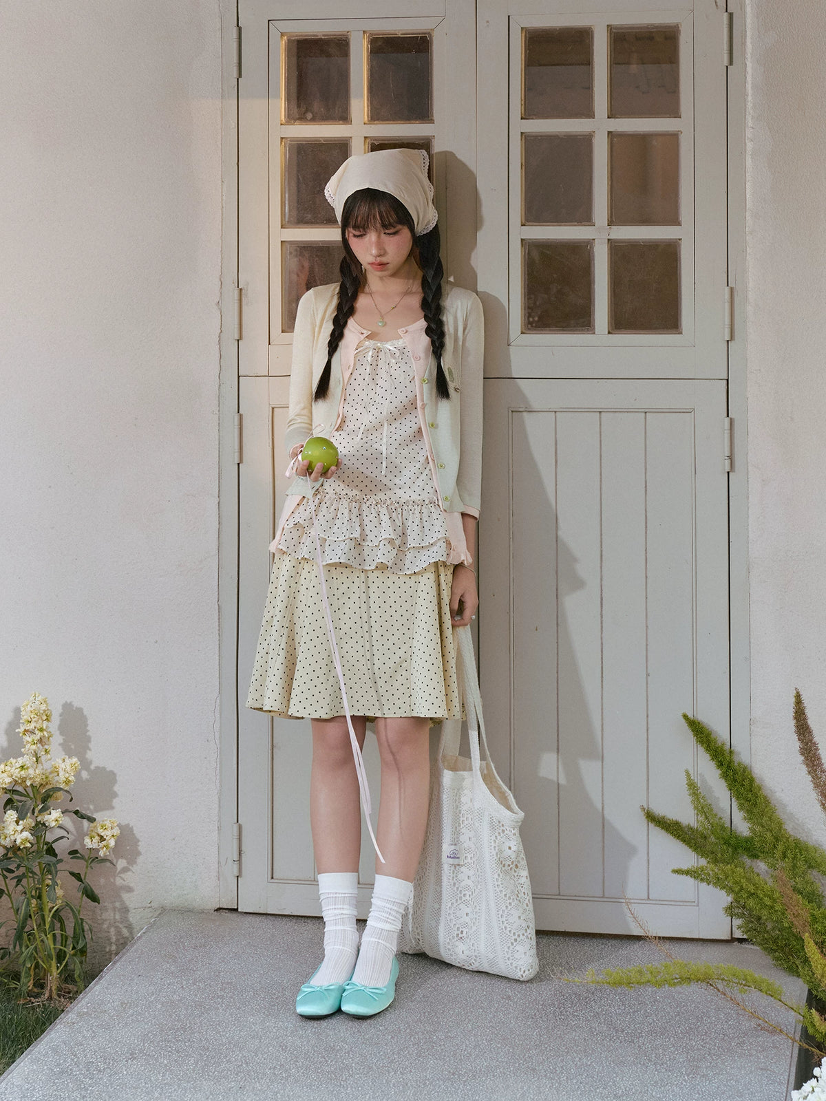 "Forest Vintage" Polka Dot Layered Collection (Mint Knit Cardigan / Oat Cami / Polka Dot Skirt / Denim Jeans)