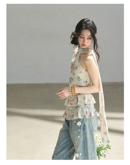 "Flowers & Sunlight" Dutch Cream Off-Shoulder Mesh Top