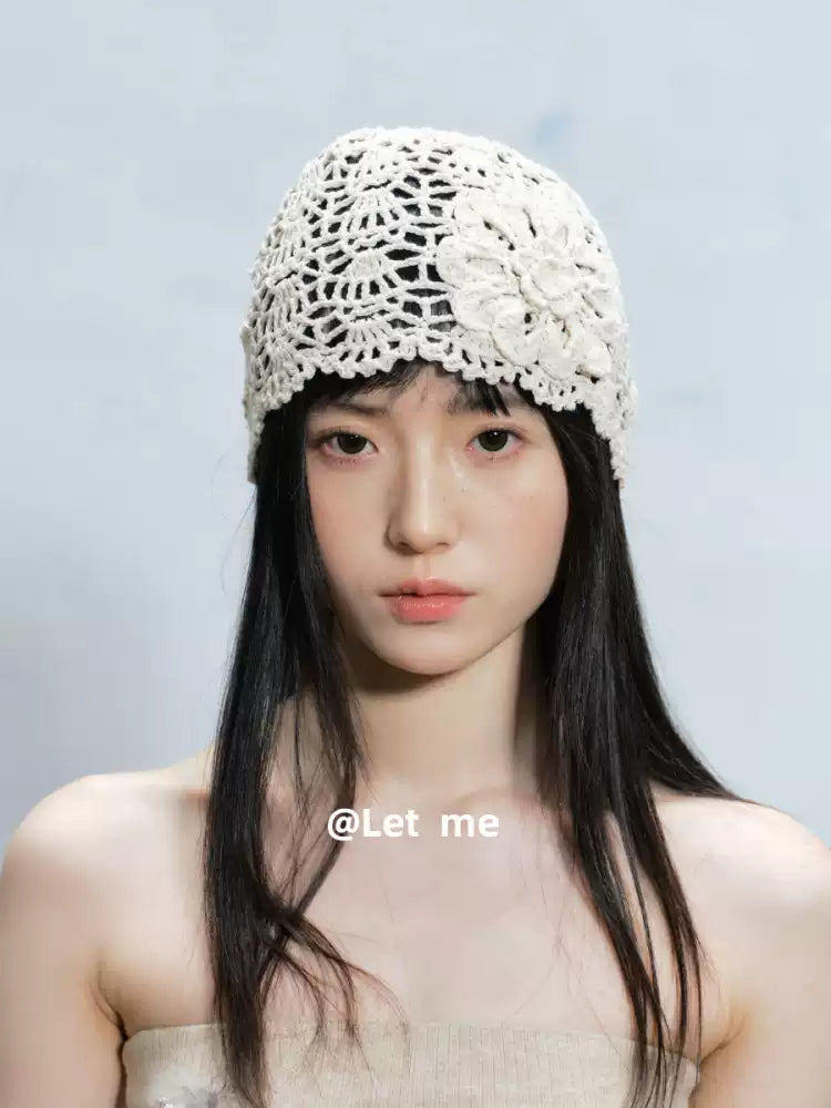 Floral Crochet Beanie – Openwork Lace Knit Hat