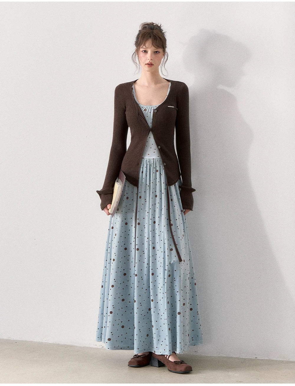 [TMMG] Vintage Polka Dot Velvet Dress & Fitted Ribbed Cardigan Set