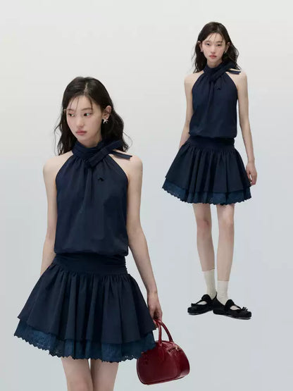 Navy Blue Bow-Tie Halter Dress with Double-Layer Lace Hem