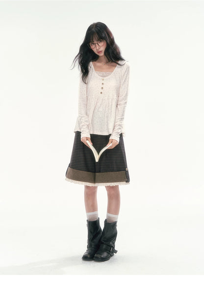 CAN - "A Meadow of Dreams" Apricot Beige Floral Lace-Trim Ruched Top