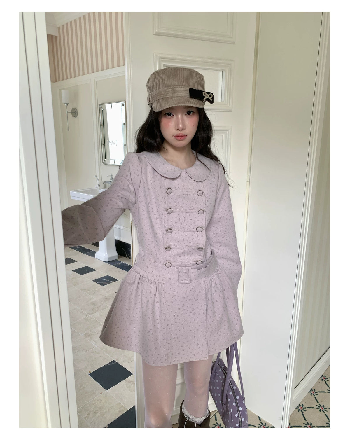 [RF] “Taro Cloud” Pink Double-Breasted Waist-Defined Cape Coat