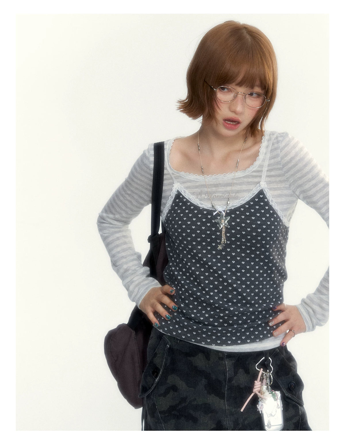 “Early Gray” Light Gray Striped Lace-Trimmed Fitted Long-Sleeve Top