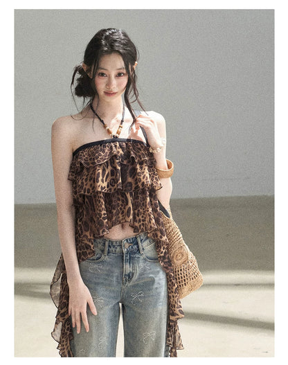 "Chasing the Sunset" Chestnut Brown Leopard Halter Ruffle Crop Top