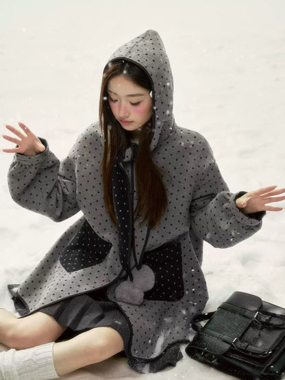 BIBIBENCY - Gray & Black Reversible Polka Dot Wool-Look Coat