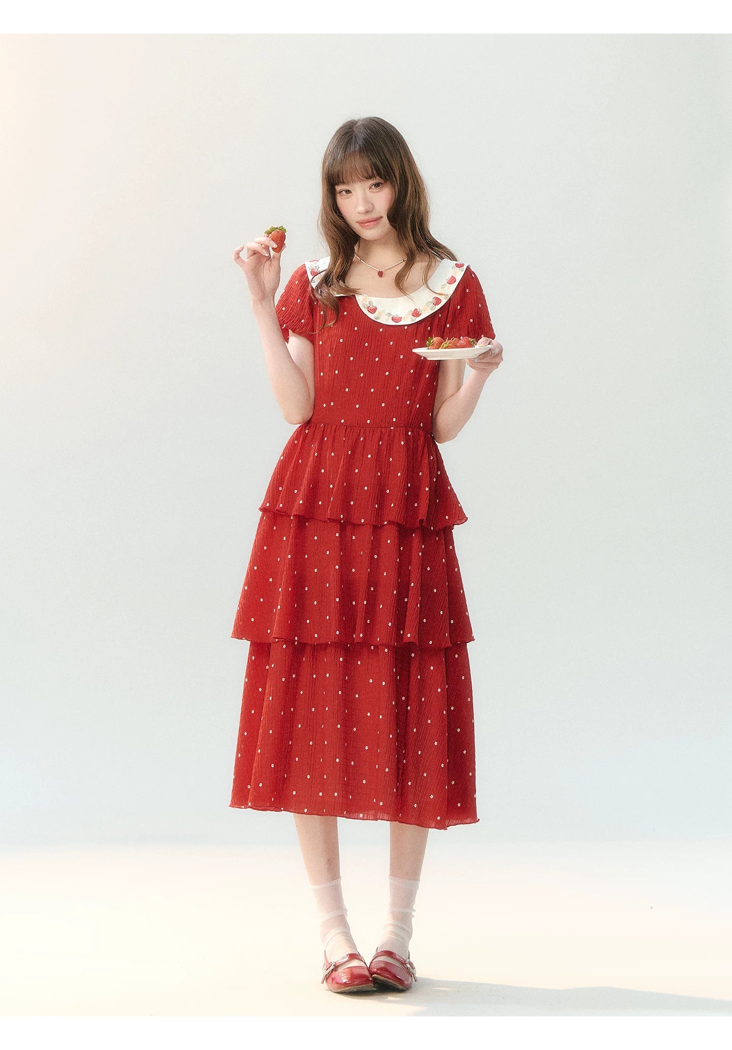 "Strawberry Waltz Letter" Red Tiered Doll Collar Dress LL2026225
