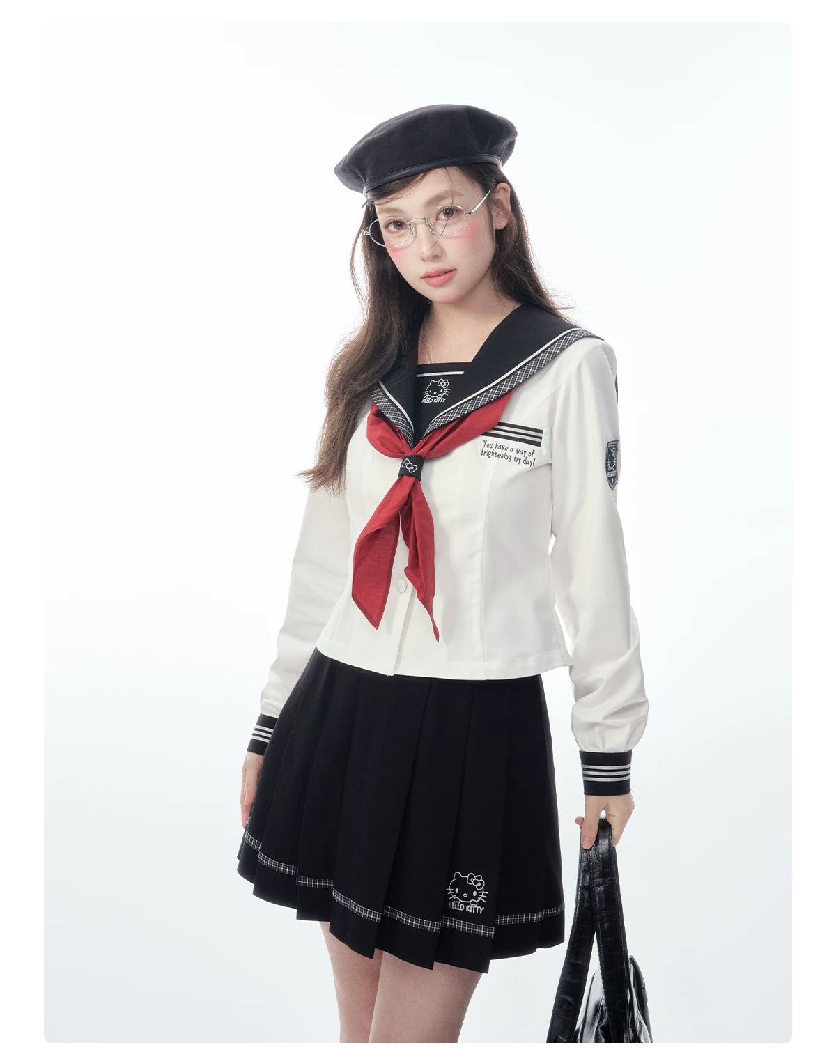 Slim-Fit Preppy Style Set - Sailor Collar Shirt / Front Box-Pleat Skirt / Polka Dot Skirt