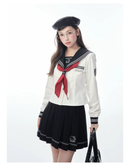 Slim-Fit Preppy Style Set - Sailor Collar Shirt / Front Box-Pleat Skirt / Polka Dot Skirt