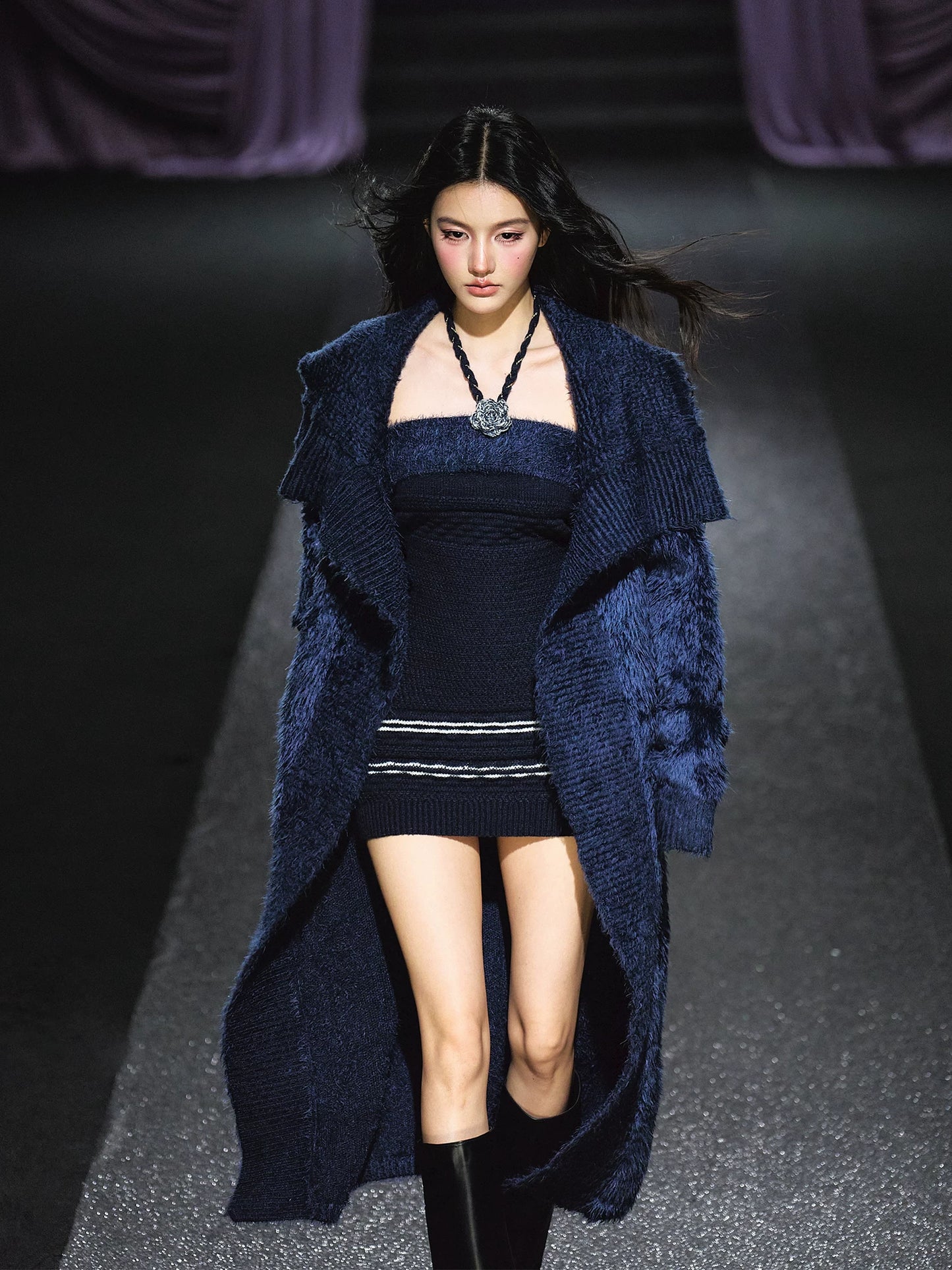 "Midnight Bloom" Navy Hand-Crochet Floral Contrast Knit Dress & Oversized Shawl Collar Knit Cardigan Set