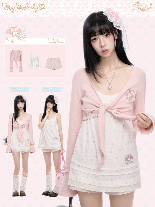 “Melody Blush Garden” Pink Knit Cardigan & Floral Cami Set