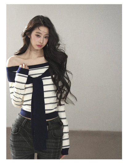 AOMALM - Ivory Stripe Faux-Layered Knit Top with Shoulder Ties