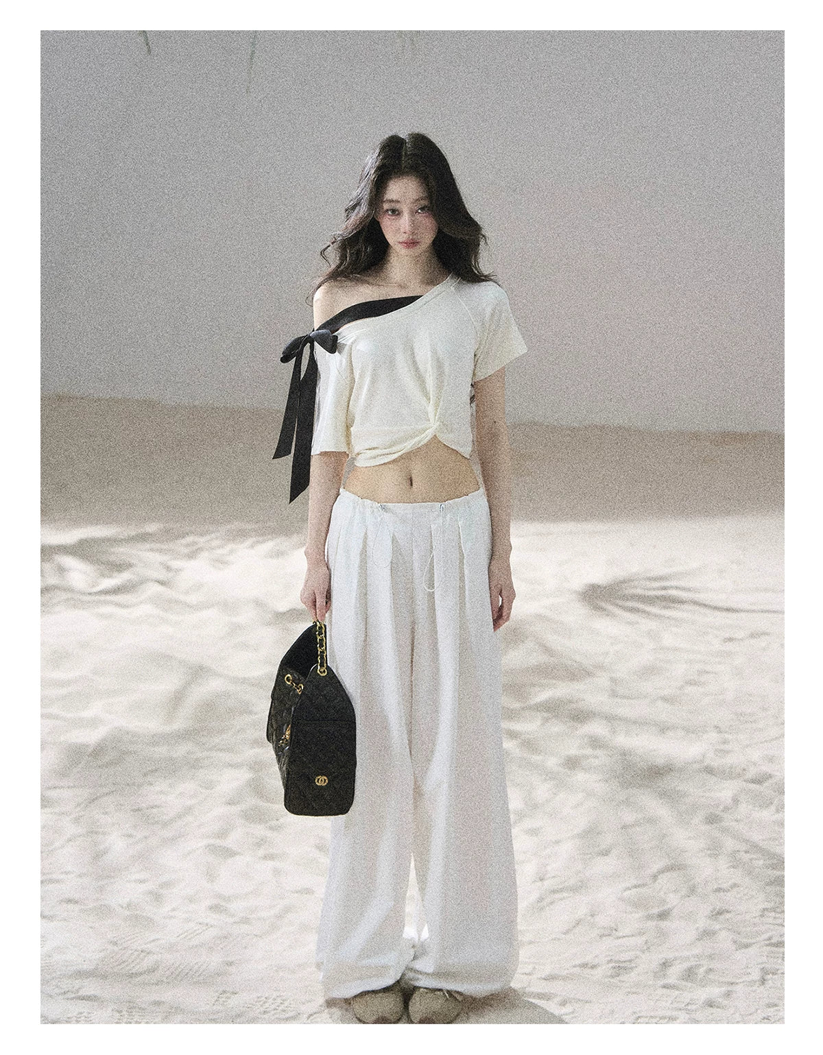 "Moonlight Upon Her" Creamy Apricot Off-Shoulder Twist Cropped T-Shirt