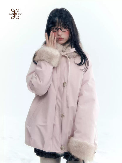 Horridale - Blue Bud-Shaped Faux Fur Collar Parka Down Jacket