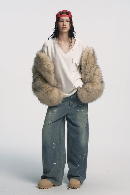 Muirgen - Y2K Mid-Low Rise Paint-Wash Loose Cargo Denim Pants - Paint-Wash Denim