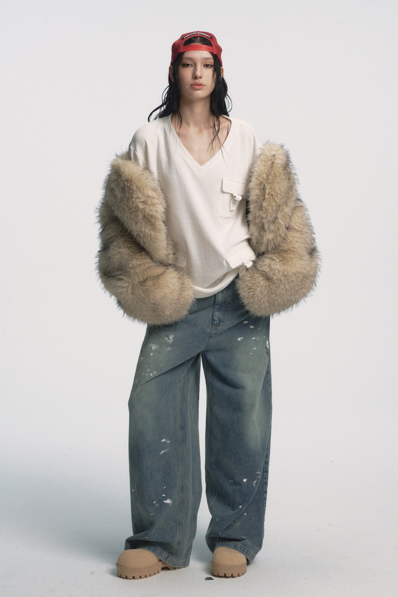 Muirgen - Y2K Tipped Faux Camel Hair Shawl Cropped Jacket