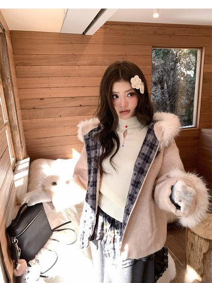 阮阮自制 - Soft Fog Apricot Pink Witch Hooded Wool Coat