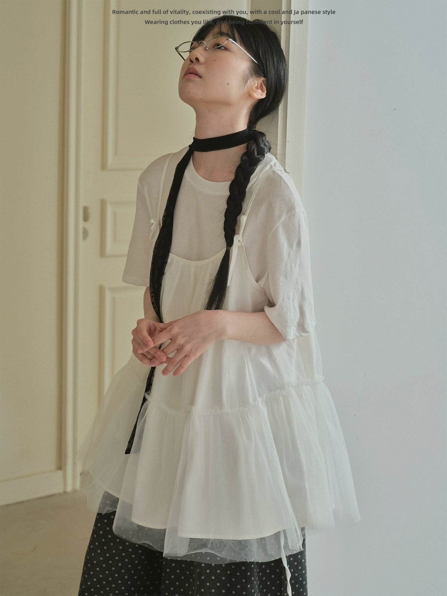 "Airy Veil" Layering Mesh Cami Top (Black / White)