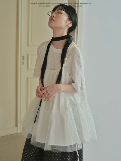 "Airy Veil" Layering Mesh Cami Top (Black / White)