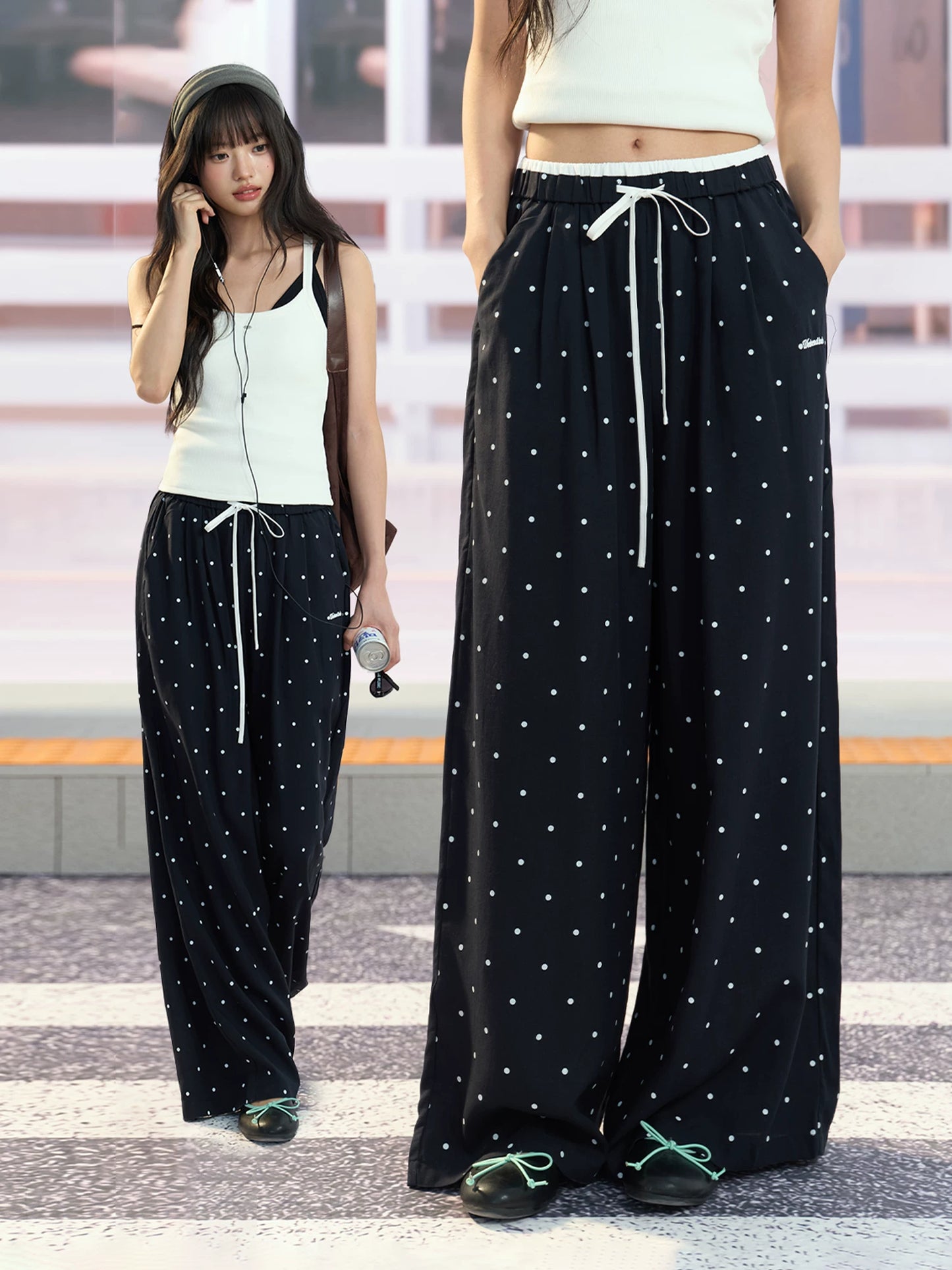 "Coastal Departure" Navy Polka Dot Wide-Leg Pants