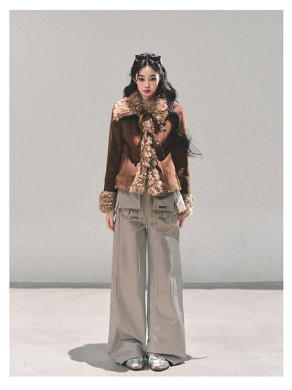 少也眼 “She Melted Into Winter" Faux Shearling Warm Jacket - Coffee Brown