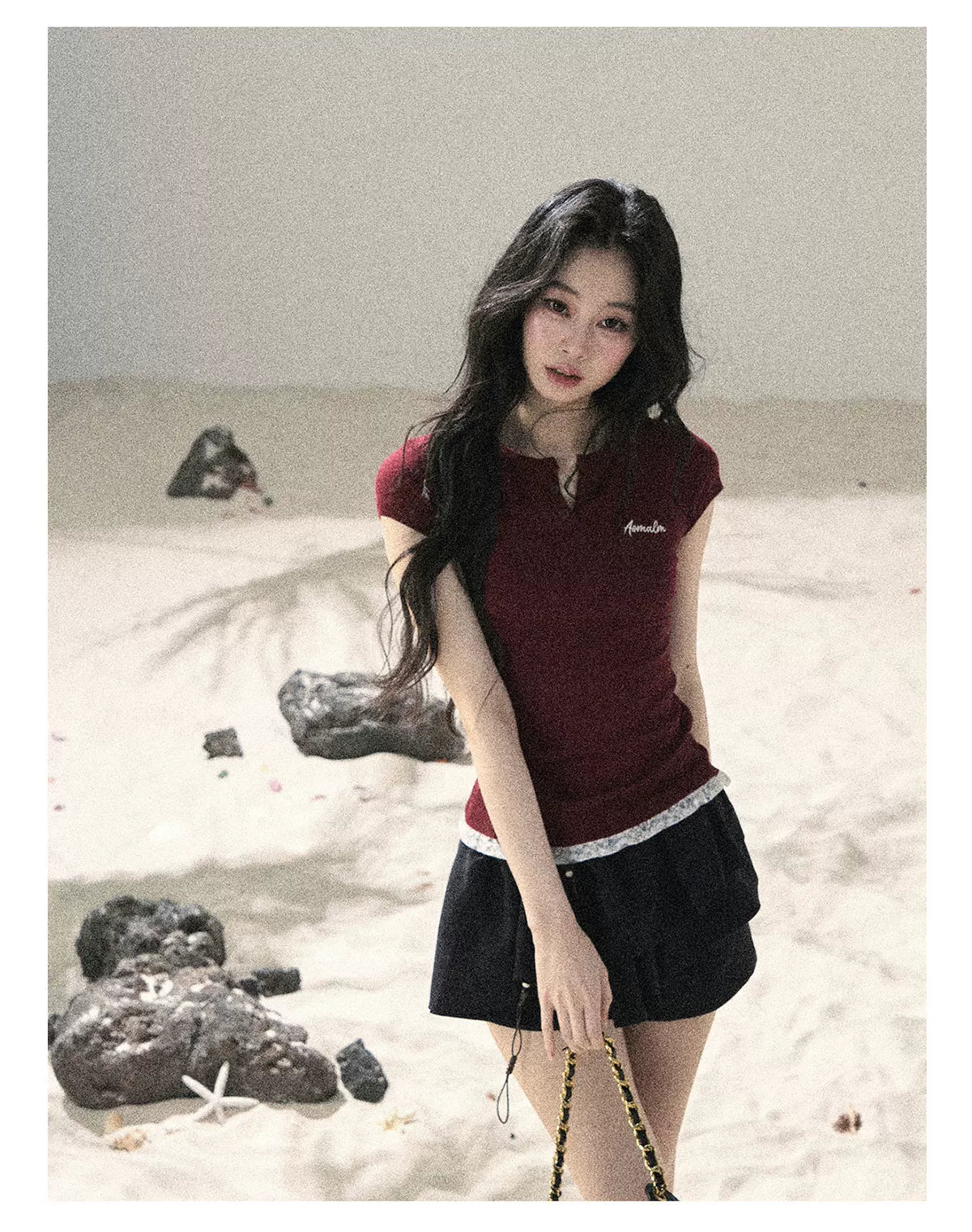 "Letter from the Tides" Burgundy Red Faux Two-Piece Lace Waist-Fit Crop Top 452436