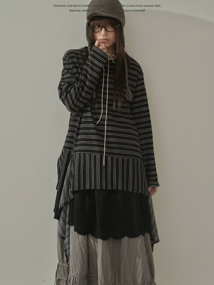 "Vintage Rhythm" Asymmetrical Knit Stripe Long Sleeve T-Shirt (Black / Gray)