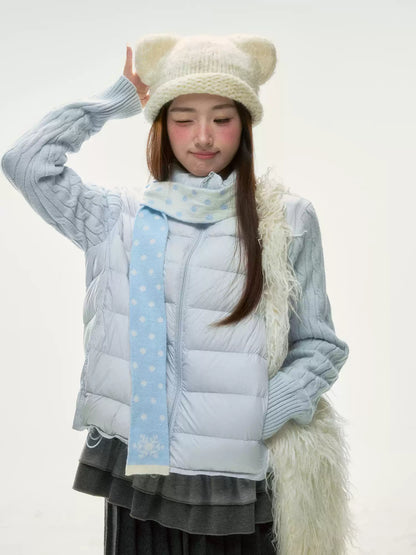 BIBIBENCY - Pale Blue Knit-Panel 90% White Duck Down Puffer Jacket (With Scarf)