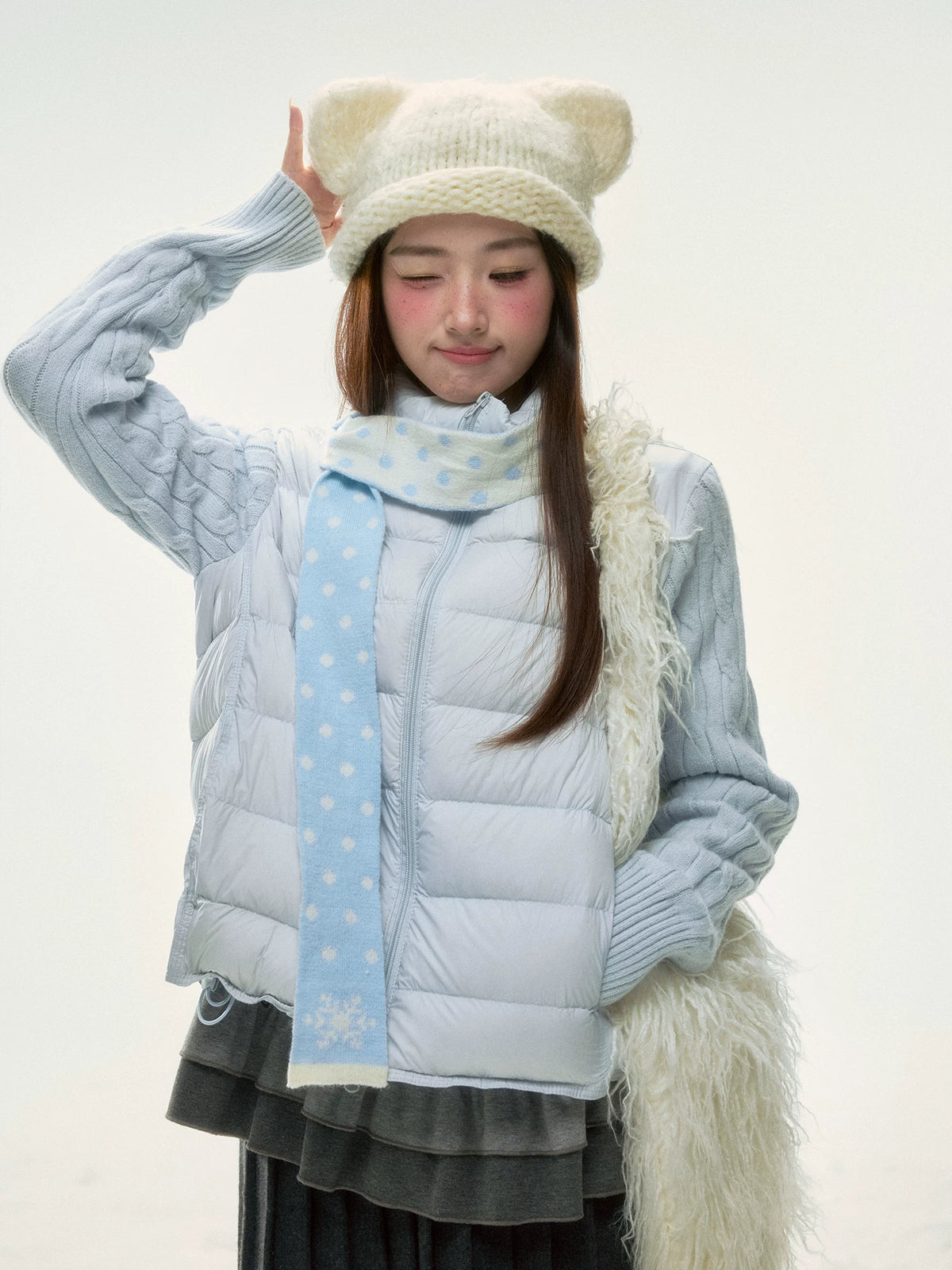 BIBIBENCY - Pale Blue Knit-Panel 90% White Duck Down Puffer Jacket (With Scarf)