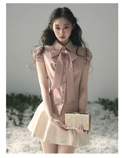 “Blush Confession” Ballet Pink Bow Puff Sleeve Blouse